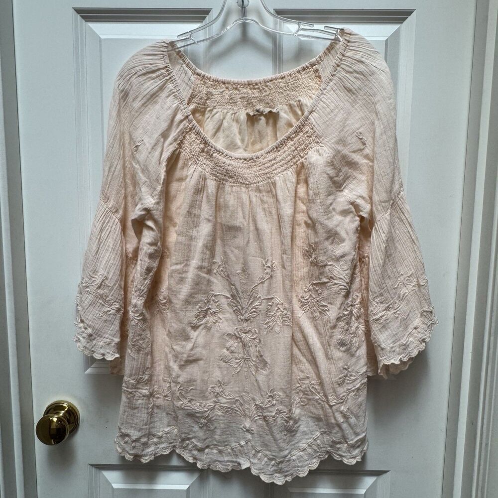 Soft Surroundings Pink Tunic Top Womens Med Embroidered Lace Detail Cotton Boho